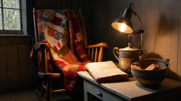 Soft lamp light over a cozy reading chair with a folded blanket