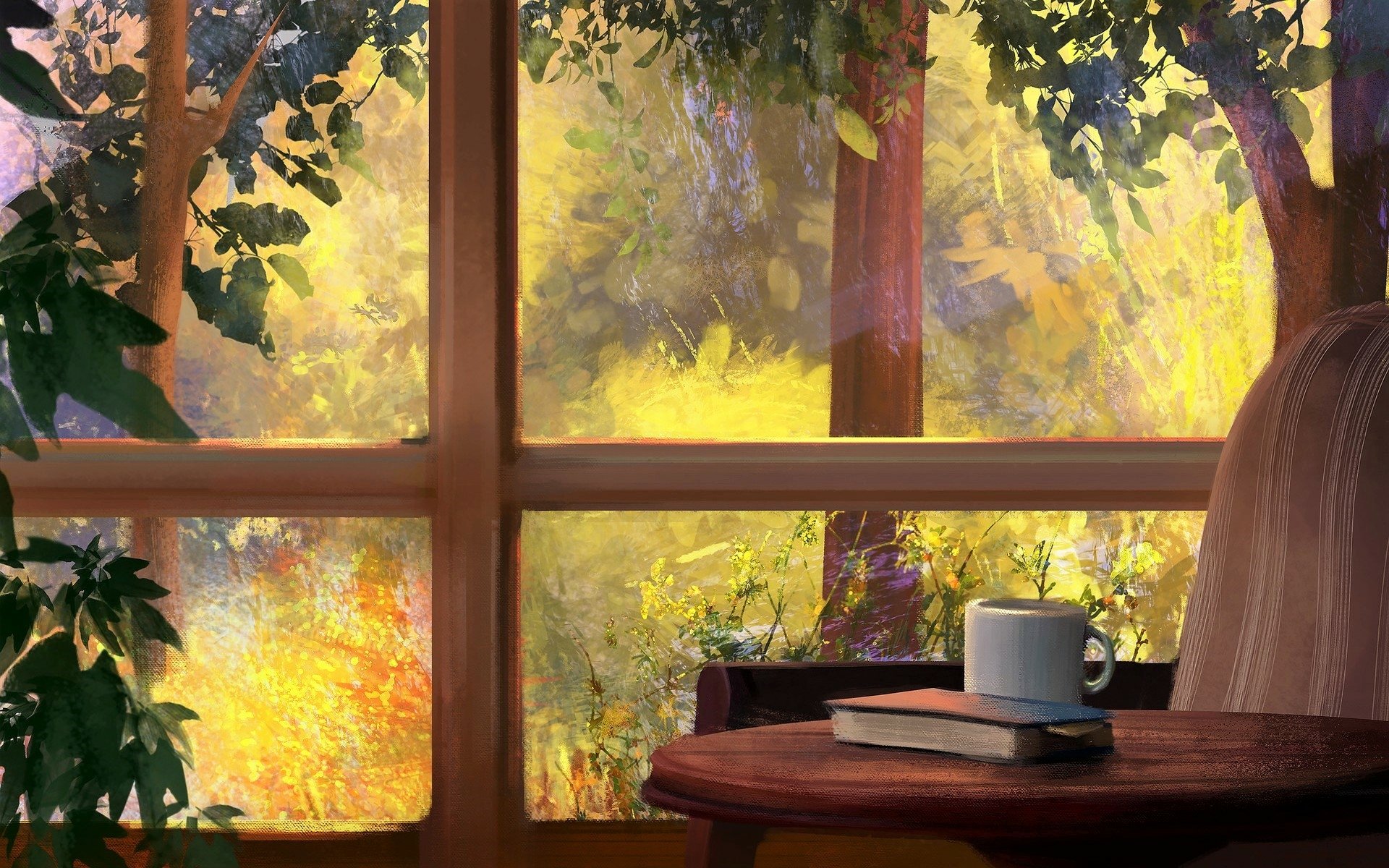 Sunlit window with a cup of tea and an open notebook on a wooden table